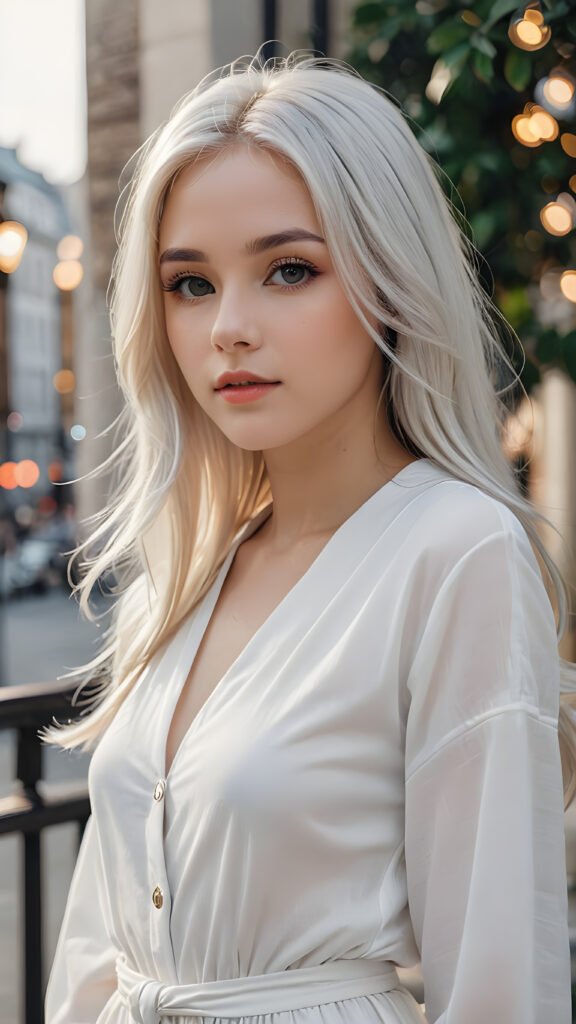 a beautifully drawn (((silver-skinned girl))) with flowing, (((straight platinum hair))), dressed in a timelessly classic style in (((white clothes)))