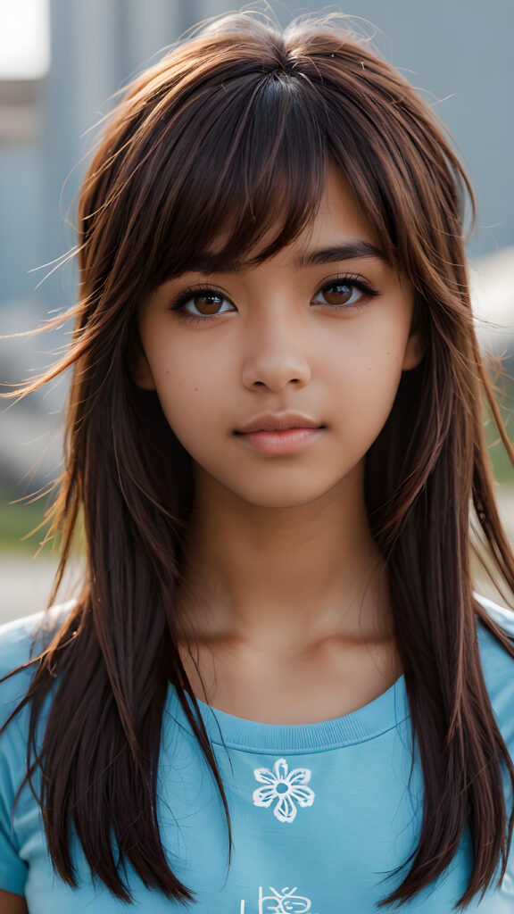 a beautifully drawn (((brown-skinned teen emo girl))) with flowing, softly waving (straight hair) framing her face in side bangs and highlighted by a contrasting light blue complexion, expressing a poignant feeling of melancholy and emotional detachment, set against a softly grey (backdrop)