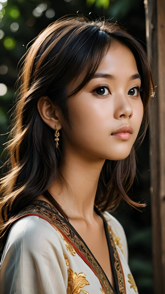 a beautifully drawn (((Burmese girl))) aged 15 with long, straight, hazelnut hair framing a (((flawlessly detailed face))), intricate features like (((round dark eyes))), cut bangs, and a softly downturned mouth, captured in a (((side profile, advanced anatomy))), her expression suggesting a sense of melancholy