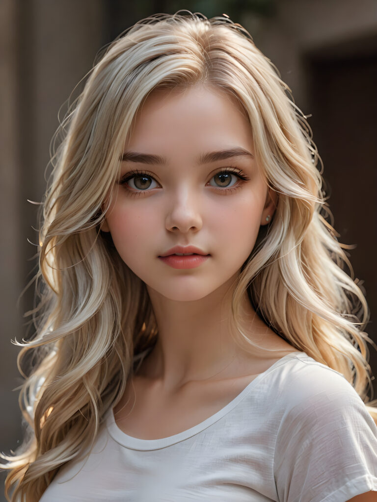 a beautifully drawn (((detailed and super realistic))), advanced digital illustration of a 17-year-old girl with long, flowing platinum hair that cascades down her face and forehead, framing a captivating gaze that draws the viewer in. Her form is expertly drawn, with a thin, cropped white t-shirt molded to her figure, highlighting every curve and angle