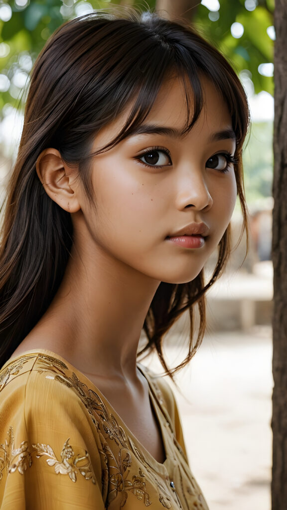 a beautifully drawn (((Burmese girl))) aged 15 with long, straight, hazelnut hair framing a (((flawlessly detailed face))), intricate features like (((round dark eyes))), cut bangs, and a softly downturned mouth, captured in a (((side profile, advanced anatomy))), her expression suggesting a sense of melancholy