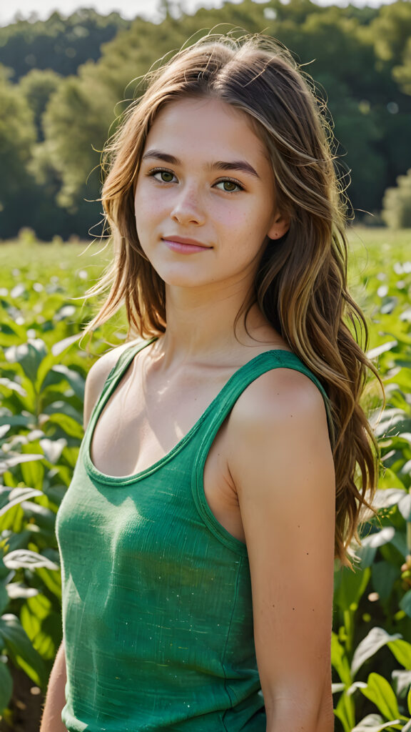 a beautifully illustrated (((farmer teen girl))) with intricate details and vivid colors, dressed in a ((thin yet green tank top)), capturing an air of whimsy and artistic flair, straight long soft hair