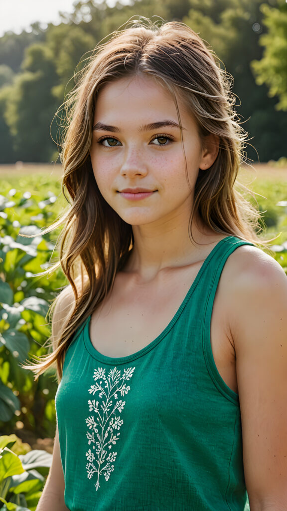 a beautifully illustrated (((farmer teen girl))) with intricate details and vivid colors, dressed in a ((thin yet green tank top)), capturing an air of whimsy and artistic flair, straight long soft hair