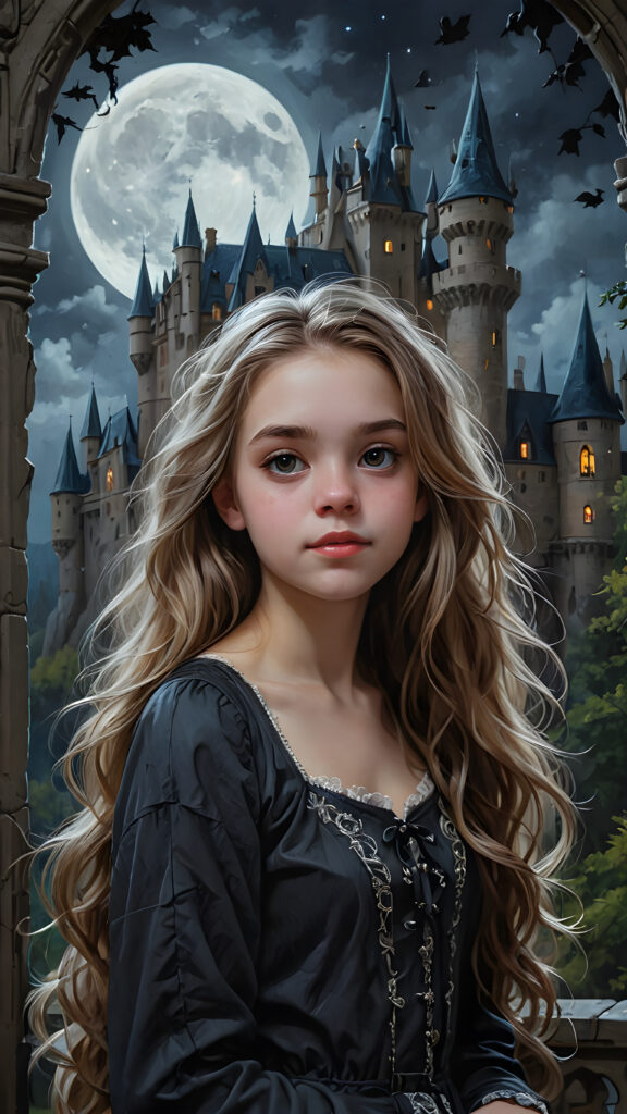 a beautifully photo (((vividly detailed))), featuring a (((teen girl))) with flowing locks, set against a (gothic backdrop of castles and moonlit forests)