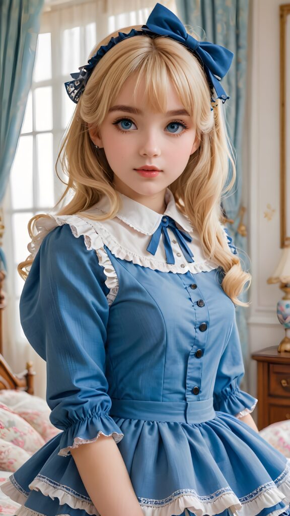 a beautifully photo (((Lolita-style drawing))) featuring a (((young girl))) with blonde hair and blue eyes, dressed in a ((lightly detailed, yet elegant outfit)), looking coquettishly at the viewer, exuding an air of seduction and eliciting an irresistible pull towards her (gorgeously proportioned figure)