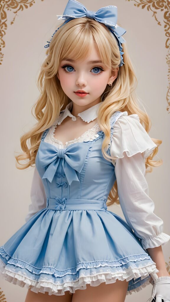 a beautifully photo (((Lolita-style drawing))) featuring a (((young girl))) with blonde hair and blue eyes, dressed in a ((lightly detailed, yet elegant outfit)), looking coquettishly at the viewer, exuding an air of seduction and eliciting an irresistible pull towards her (gorgeously proportioned figure)