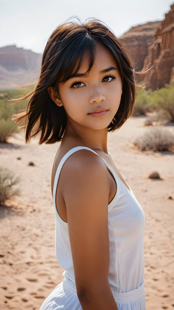 a beautifully portrait (((brown-skinned young teen girl))) with softly (straight black hair) framing her face in side bangs, full lips, (full body), she wears a white tank top, perfect curved body, in a dessert