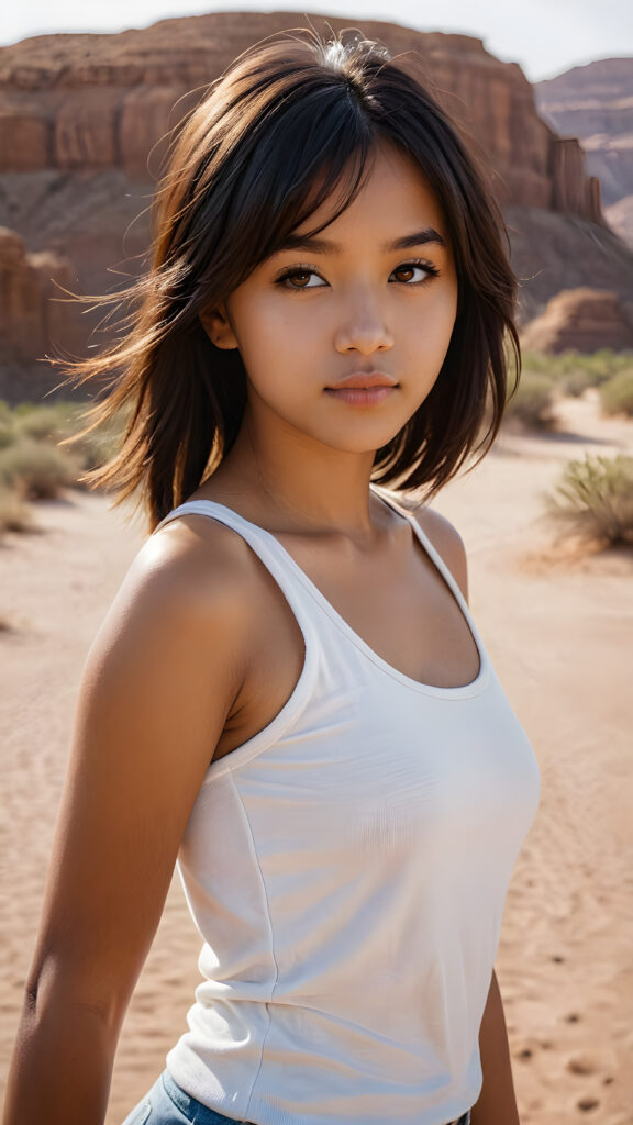 a beautifully portrait (((brown-skinned young teen girl))) with softly (straight black hair) framing her face in side bangs, full lips, (full body), she wears a white tank top, perfect curved body, in a dessert