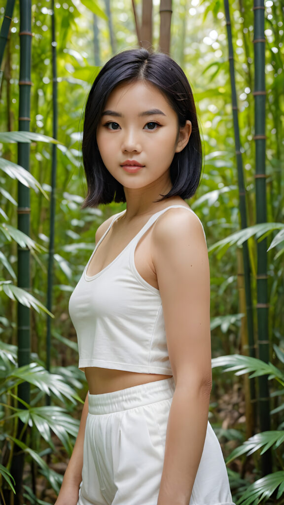 a beautifully portrait (((Asian teen girl))) with softly (straight black hair), full lips, (full body), she wears a white short crop tank top, perfect curved body, in a bamboo forest