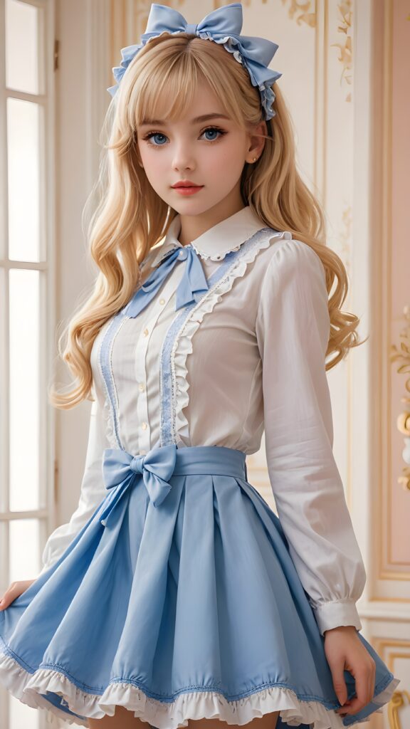 a beautifully photo (((Lolita-style drawing))) featuring a (((young girl))) with blonde hair and blue eyes, dressed in a ((lightly detailed, yet elegant outfit)), looking coquettishly at the viewer, exuding an air of seduction and eliciting an irresistible pull towards her (gorgeously proportioned figure)