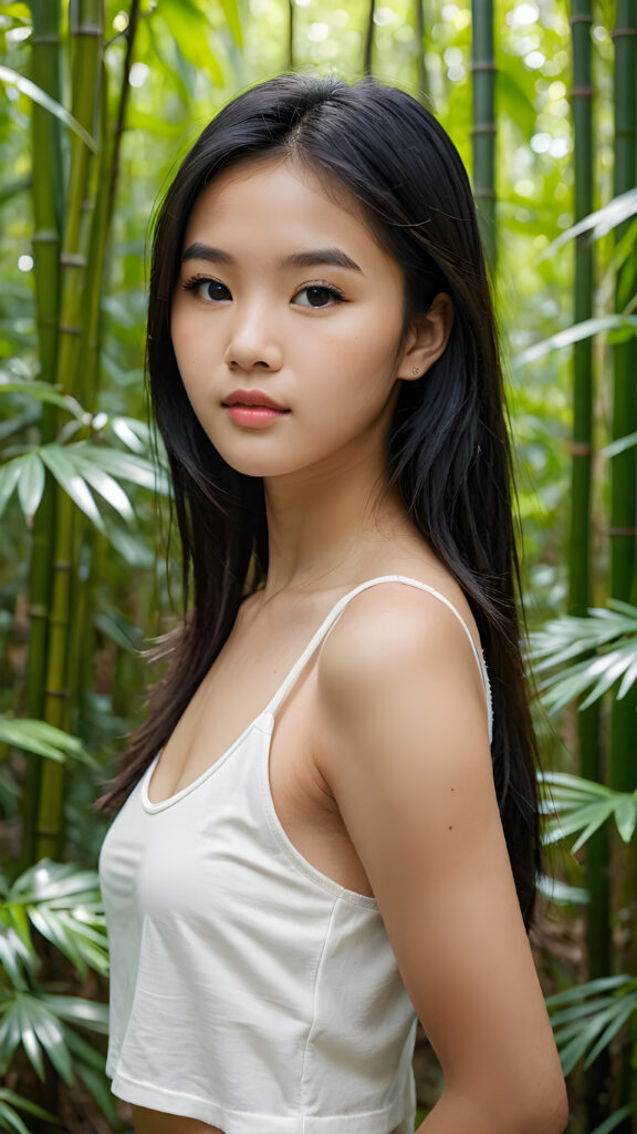 a beautifully portrait (((Asian teen girl))) with softly (straight black hair), full lips, (full body), she wears a white short crop tank top, perfect curved body, in a bamboo forest