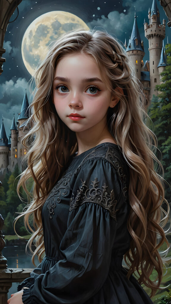 a beautifully photo (((vividly detailed))), featuring a (((teen girl))) with flowing locks, set against a (gothic backdrop of castles and moonlit forests)