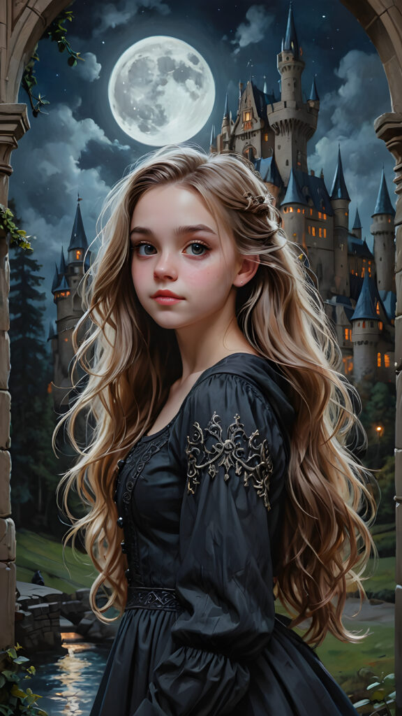 a beautifully photo (((vividly detailed))), featuring a (((teen girl))) with flowing locks, set against a (gothic backdrop of castles and moonlit forests)