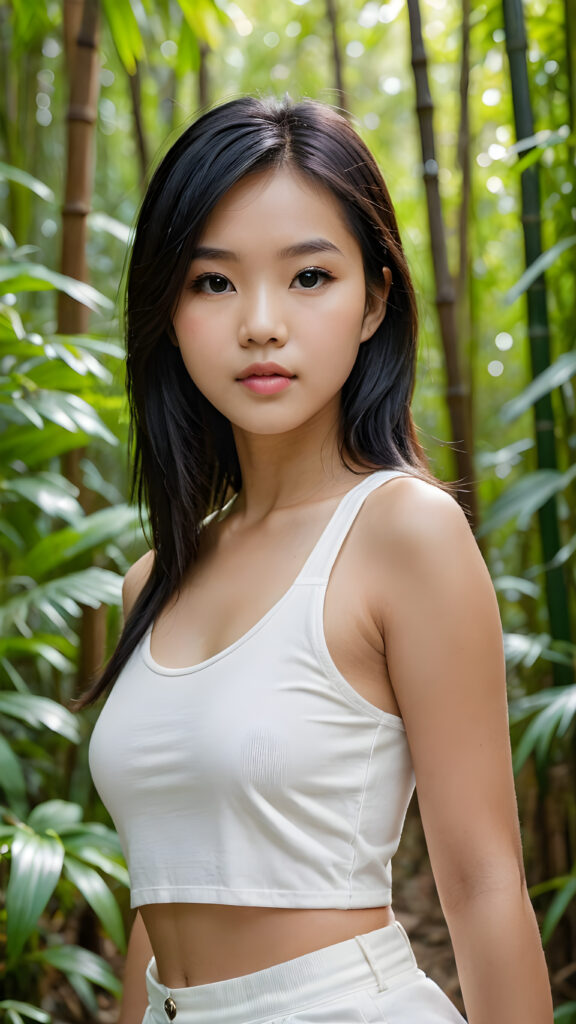 a beautifully portrait (((Asian teen girl))) with softly (straight black hair), full lips, (full body), she wears a white short crop tank top, perfect curved body, in a bamboo forest