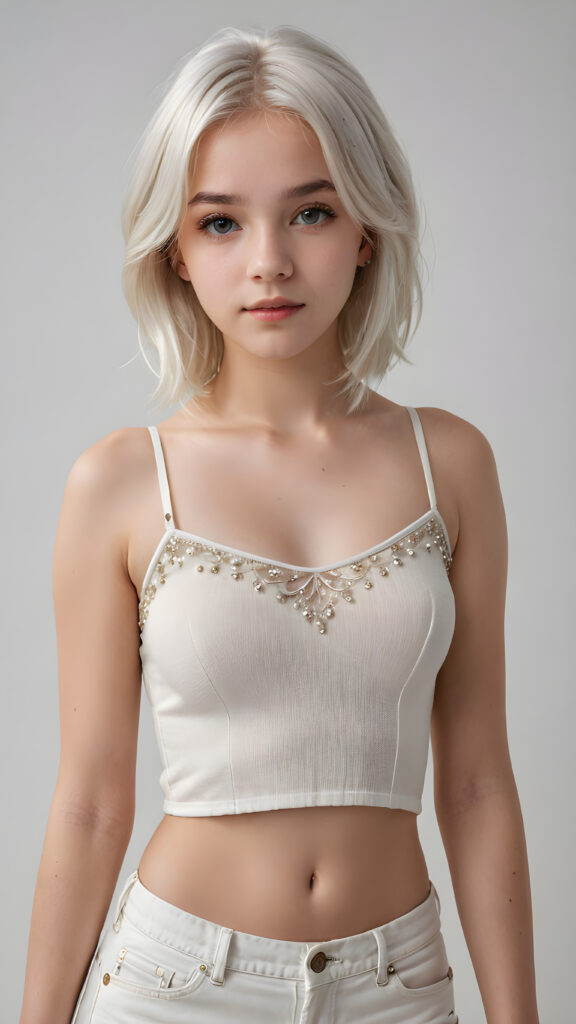 a beautifully realistic and detailed photo from a teen girl, 13 years old, bangs haircut, detailed soft long straight ((platinum white) hair), realistic detailed angelic face, looks at the camera, portrait shot, perfect curved body, ((wears a short tight crop top), short pants, perfect anatomy, white background, side perspective, cinematic lights, ((full body view)), ((stunning)), ((gorgeous))