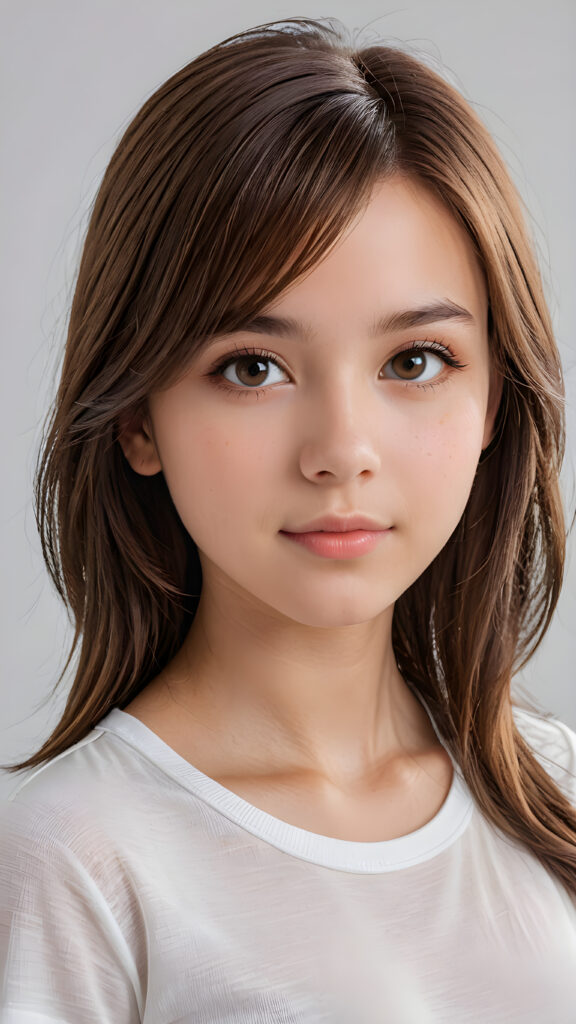 a beautifully realistic portrait, cinematic lights, Exotic teen girl, 13 years old, realistic detailed angelic round face, ((realistic detailed eye)) look at the camera, portrait shot, perfect curved body, (wears a super short tight (white t-shirt), perfect anatomy, white background, side perspective, ((cute)), ((elegant)), ((attractive)), (((long, straight soft brown hair))), ((stunning))