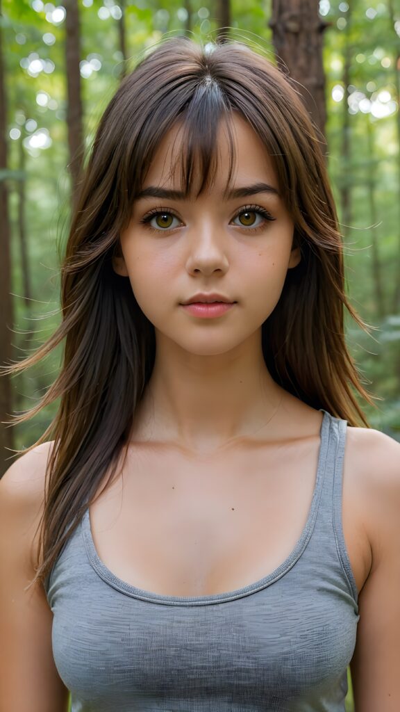 a beautifully realistic, young teen girl, bangs haircut, ((detailed straight soft long flowing hair)), realistic detailed face, full kissable lips, ((realistic detailed amber eye)) looks sadly at the camera, portrait shot, perfect curved fit body, wears a super short tight (grey crop tank top), ((cute)) ((attractive)) ((stunning)) ((full body shot)) ((forest backdrop))