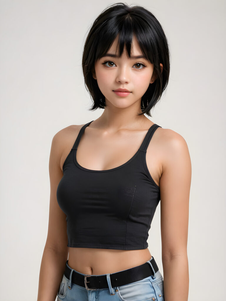 a beautifully realistic portrait from a teen girl, 15 years old, realistic detailed angelic round face, ((realistic detailed amber eye)) look at the camera, portrait shot, perfect curved body, (wears a super short tight (cropped tank top), perfect anatomy, white background, side perspective, ((cute)), (((shoulder length, straight soft obsidian-black hair, bangs))), ((stunning))