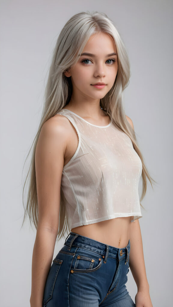 a beautifully realistic and detailed photo from a teen girl, 13 years old, bangs haircut, detailed soft long straight ((platinum white) hair), realistic detailed angelic face, looks at the camera, portrait shot, perfect curved body, ((wears a short tight crop top), short pants, perfect anatomy, white background, side perspective, cinematic lights, ((full body view)), ((stunning)), ((gorgeous))