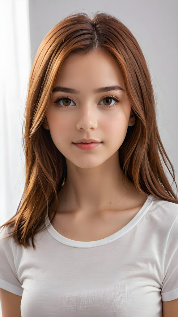 a beautifully realistic portrait, cinematic lights, Exotic teen girl, 13 years old, realistic detailed angelic round face, ((realistic detailed eye)) look at the camera, portrait shot, perfect curved body, (wears a super short tight (white t-shirt), perfect anatomy, white background, side perspective, ((cute)), ((elegant)), ((attractive)), (((long, straight soft copper-brown hair))), ((stunning))