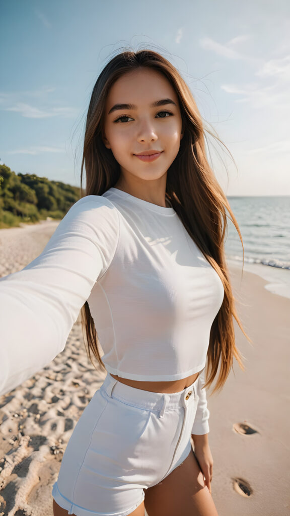 a beautifully realistic cute influencer (((teen girl))) (((straight hair))) ((perfect curved body)) ((take a selfie)) ((perfect pose)) ((at beach))