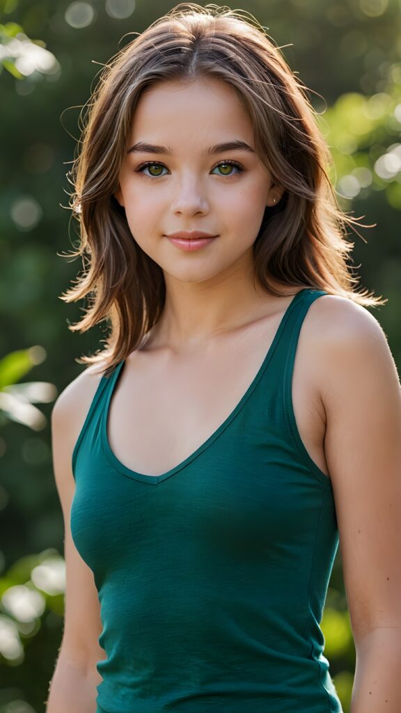 a beautifully realistic (((photo of a young teen girl))) with a round face and perfectly straight soft brown hair, wearing a ((cute short tight tank top (deep v-neck) with an open front)), and matching briefs. She's posed seductively in a sunny green natural backdrop, looking directly into the camera with a warm smile. Her features are exceptionally well drawn and include perfectly shaped lips and bright green eyes that match her flawless complexion. The image exudes an air of youthful confidence and sensual charm.