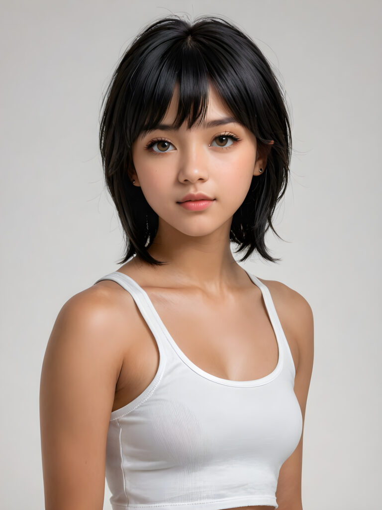 a beautifully realistic portrait from a teen girl, 15 years old, realistic detailed angelic round face, ((realistic detailed amber eye)) look at the camera, portrait shot, perfect curved body, (wears a super short tight (cropped tank top), perfect anatomy, white background, side perspective, ((cute)), (((shoulder length, straight soft obsidian-black hair, bangs))), ((stunning))