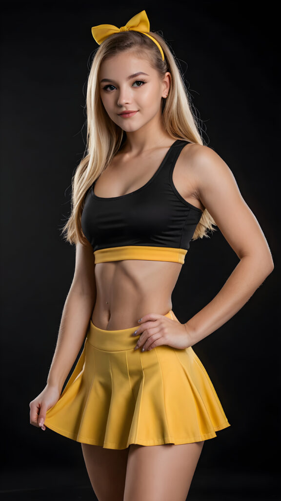 a beautifully realistic cute ((in cheerleader look)) ((teen girl))) ((perfect curved body)) ((black background)) ((dressed in black crop top)) (((yellow short round mini skirt)))