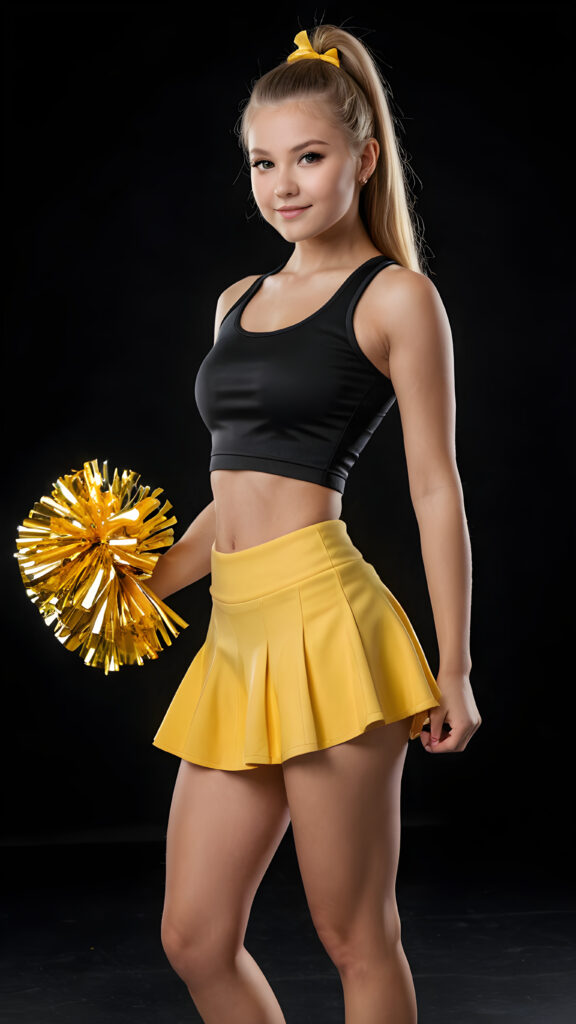 a beautifully realistic cute ((in cheerleader look)) ((teen girl))) ((perfect curved body)) ((black background)) ((dressed in black crop top)) (((yellow short round mini skirt)))