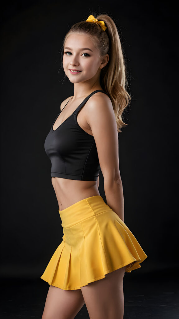 a beautifully realistic cute ((in cheerleader look)) ((teen girl))) ((perfect curved body)) ((black background)) ((dressed in black crop top)) (((yellow short round mini skirt)))