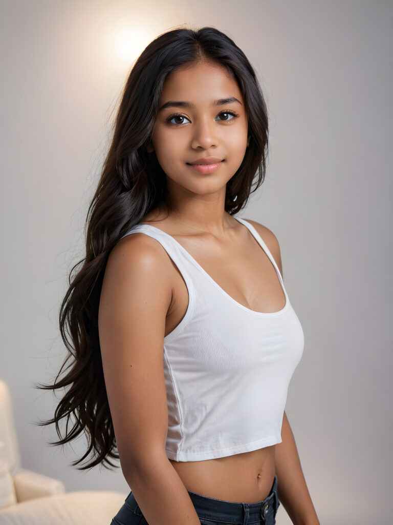 a beautifully realistic upper-body portrait from a 15 years old brown-skinned teen girl, cinematic lights, ((long black flowing hair)), realistic detailed angelic round face, ((realistic detailed eye)) looks very happy at the camera, portrait shot, perfect curved body, ((super short form fitting low cut (tank top))), perfect anatomy, ((empty, white background)) (distinctly dark complexion)