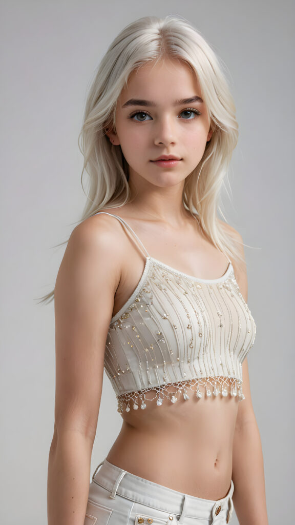 a beautifully realistic and detailed photo from a teen girl, 13 years old, bangs haircut, detailed soft long straight ((platinum white) hair), realistic detailed angelic face, looks at the camera, portrait shot, perfect curved body, ((wears a short tight crop top), short pants, perfect anatomy, white background, side perspective, cinematic lights, ((full body view)), ((stunning)), ((gorgeous))