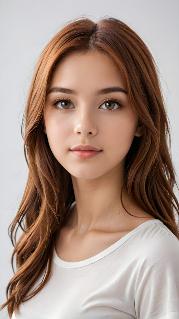 a beautifully realistic portrait, cinematic lights, Exotic teen girl, 13 years old, realistic detailed angelic round face, ((realistic detailed eye)) look at the camera, portrait shot, perfect curved body, (wears a super short tight (white t-shirt), perfect anatomy, white background, side perspective, ((cute)), ((elegant)), ((attractive)), (((long, straight soft copper-brown hair))), ((stunning))