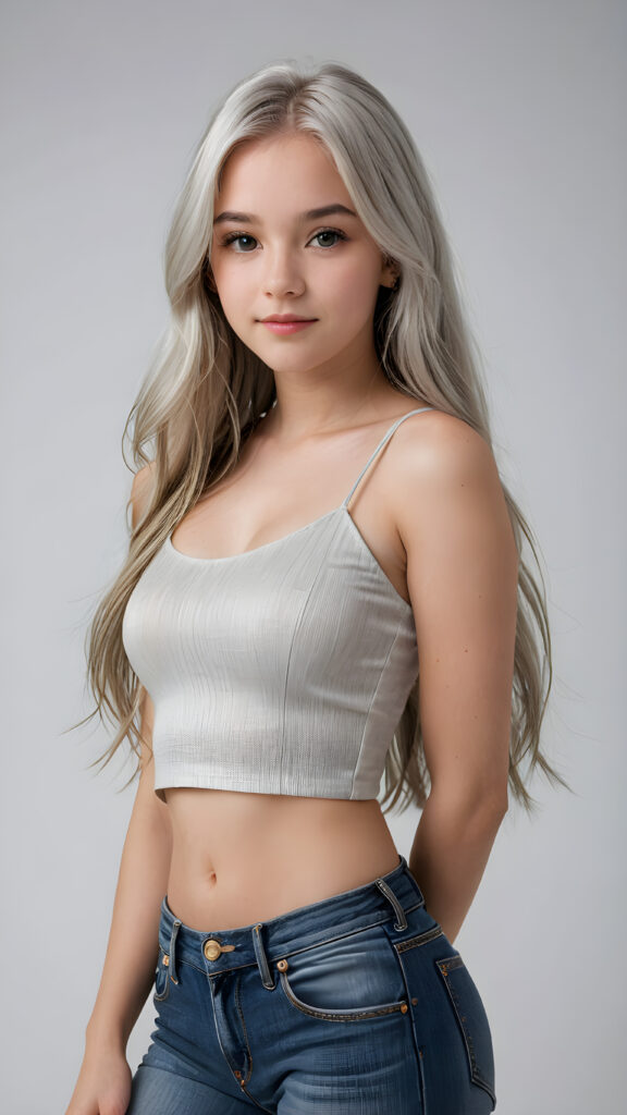 a beautifully realistic and detailed photo from a teen girl, 13 years old, bangs haircut, detailed soft long straight ((platinum white) hair), realistic detailed angelic face, looks at the camera, portrait shot, perfect curved body, ((wears a short tight crop top), short pants, perfect anatomy, white background, side perspective, cinematic lights, ((full body view)), ((stunning)), ((gorgeous))