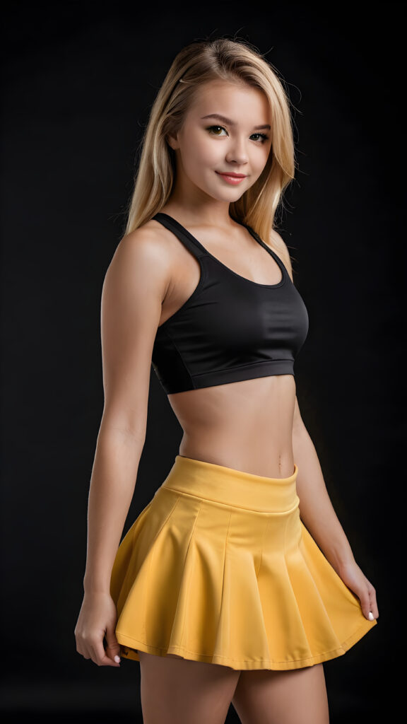 a beautifully realistic cute ((in cheerleader look)) ((teen girl))) ((perfect curved body)) ((black background)) ((dressed in black crop top)) (((yellow short round mini skirt)))