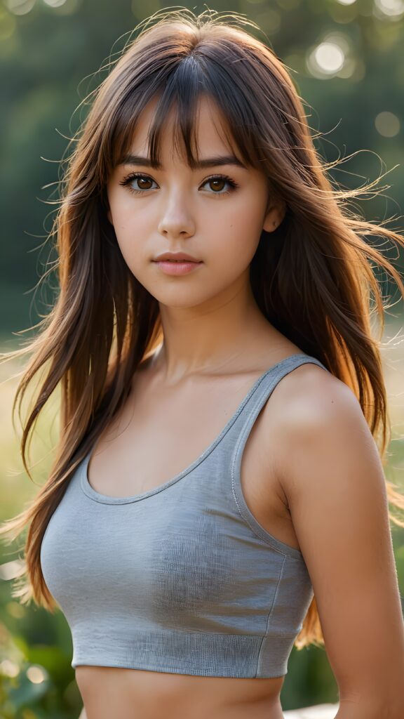 a beautifully realistic, young teen girl, bangs haircut, ((detailed straight soft long flowing hair)), realistic detailed face, full kissable lips, ((realistic detailed amber eye)) looks sadly at the camera, portrait shot, perfect curved fit body, wears a super short tight (grey crop tank top), ((cute)) ((attractive)) ((stunning)) ((full body shot)) ((natural backdrop))