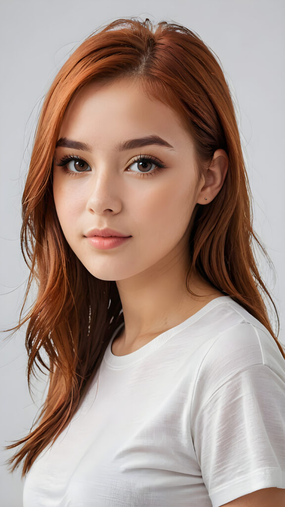 a beautifully realistic portrait, cinematic lights, Exotic teen girl, 15 years old, realistic detailed angelic round face, ((realistic detailed eye)) look at the camera, portrait shot, perfect curved body, (wears a super short tight (white t-shirt), perfect anatomy, white background, side perspective, ((cute)), ((elegant)), ((attractive)), (((long, straight soft copper-red hair))), ((stunning))