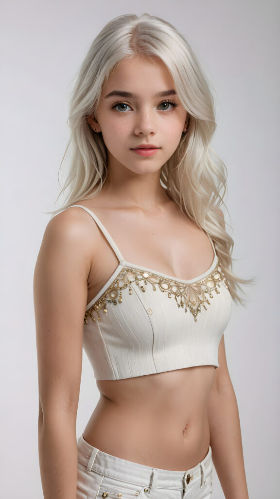 a beautifully realistic and detailed photo from a teen girl, 13 years old, bangs haircut, detailed soft long straight ((platinum white) hair), realistic detailed angelic face, looks at the camera, portrait shot, perfect curved body, ((wears a short tight crop top), short pants, perfect anatomy, white background, side perspective, cinematic lights, ((full body view)), ((stunning)), ((gorgeous))