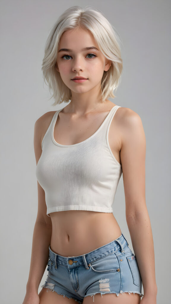 a beautifully realistic and detailed photo from a teen girl, 13 years old, bangs haircut, detailed soft long straight ((platinum white) hair), realistic detailed angelic face, looks at the camera, portrait shot, perfect curved body, ((wears a short tight crop top), short pants, perfect anatomy, white background, side perspective, cinematic lights, ((full body view)), ((stunning)), ((gorgeous))