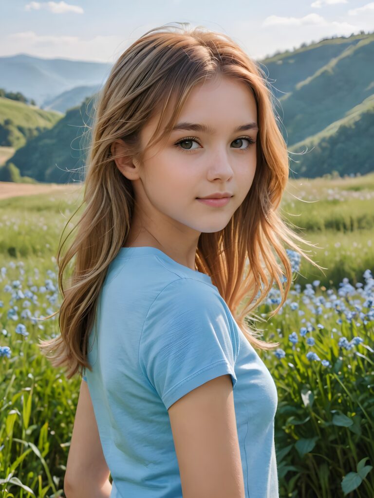 a (((breathtakingly realistic upper-body photo))) capturing a (((teenage girl))) wearing a (((light blue short t-shirt))), with long, soft, copper-blond hair and a (serene meadow as the backdrop) ((view from the side))