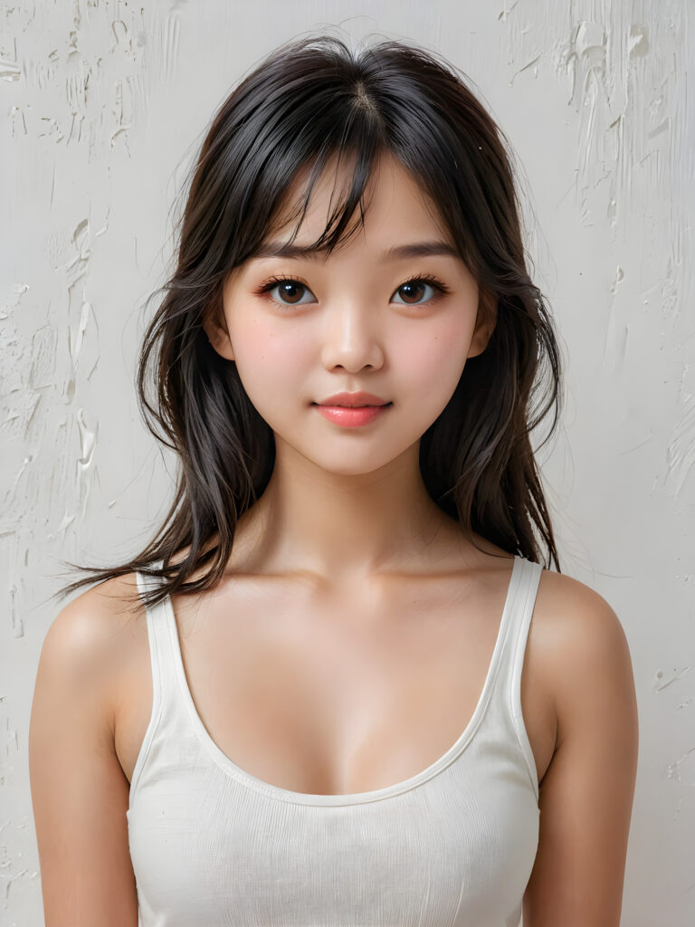 a (((breathtakingly realistic portrait))) capturing the essence of a cute youthful Korean teen girl, 15 years old, warm smile, with a flawlessly proportioned upper body, perfect curved fit body, straight, long, soft black hair in bangs cut, flawless, beautiful smooth skin, round angelic face with full kissable lips, wearing a thin and super sleek tank top, poised confidently against a (((white canvas background)))