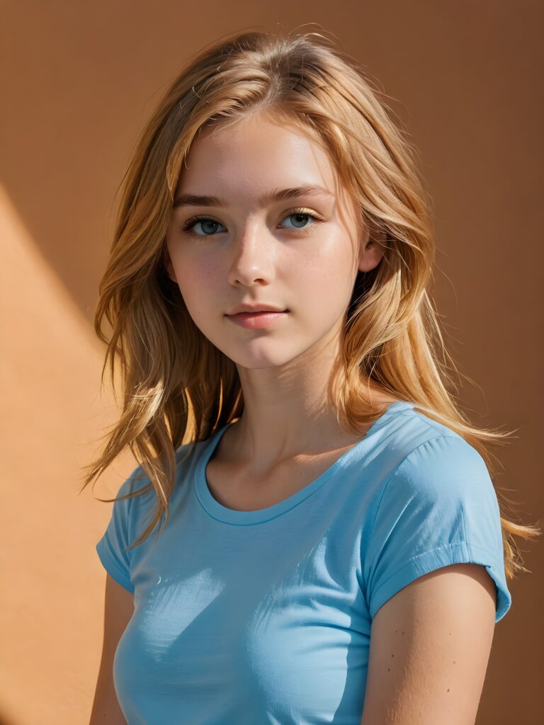 a (((breathtakingly realistic upper-body photo))) capturing a (((teenage girl))) wearing a (((light blue short t-shirt))), with long, soft, copper-blond hair and a ((amber background, perfect light and shadow)), ((view from the side))