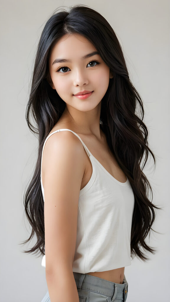 a (((breathtakingly realistic portrait))) capturing the essence of a cute youthful teen girl, 15 years old, warm smile, with a flawlessly proportioned upper body, perfect curved fit body, ((straight, long, soft obsidian black hair)), flawless, beautiful smooth skin, round angelic face with full kissable lips, wearing a thin and super sleek tank top, poised confidently against a (((white canvas background)))