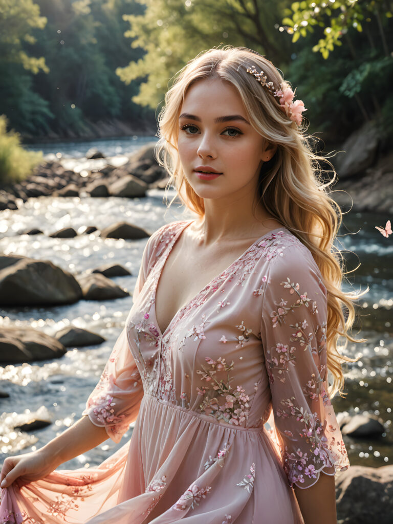 a (((breathtakingly beautiful girl))), with a (((soft, melancholic expression))), standing serenely by a (((flowing river))), where her long, blonde locks gracefully dance with the current, framed by a delicate, flowing dress adorned with a ((delicate pink floral pattern)) that shimmers in the sunlight, with tiny droplets of sparkling water reflecting off her face and flowing hair and butterflies fluttering around