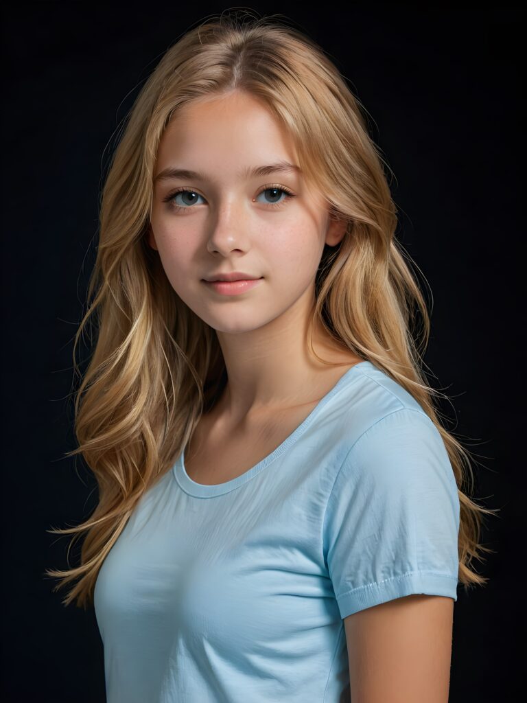 a (((breathtakingly realistic upper-body photo))) capturing a (((teenage girl))) wearing a (((light blue short t-shirt))), with long, soft, copper-blond hair and a ((black background, perfect light and shadow)), ((view from the side))