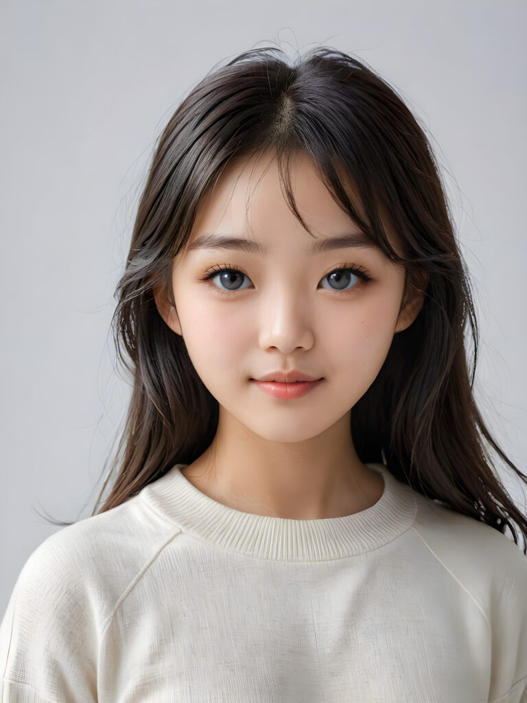 a (((breathtakingly realistic portrait))) capturing the essence of a cute youthful Korean teen girl, 15 years old, warm smile, with a flawlessly proportioned upper body, perfect curved fit body, straight, long, soft obsidian black hair in bangs cut, flawless, beautiful smooth skin, round angelic face with full kissable lips, wearing a thin and super sleek wool sweater, poised confidently against a (((white canvas background)))