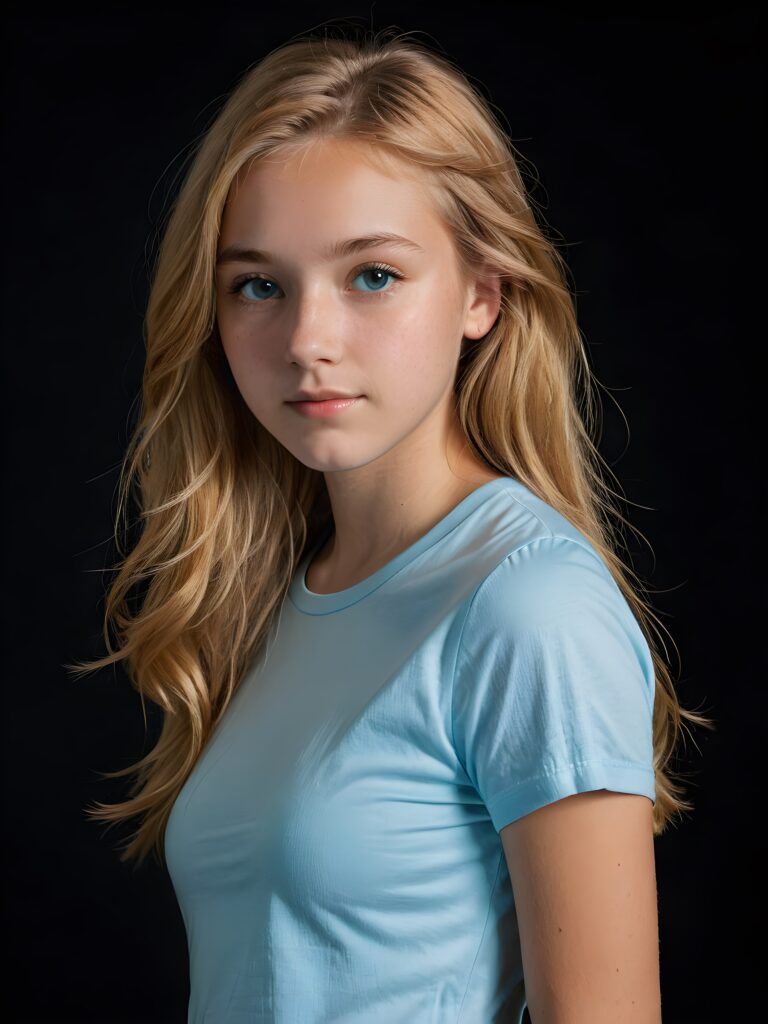 a (((breathtakingly realistic upper-body photo))) capturing a (((teenage girl))) wearing a (((light blue short t-shirt))), with long, soft, copper-blond hair and a ((black background, perfect light and shadow)), ((view from the side))