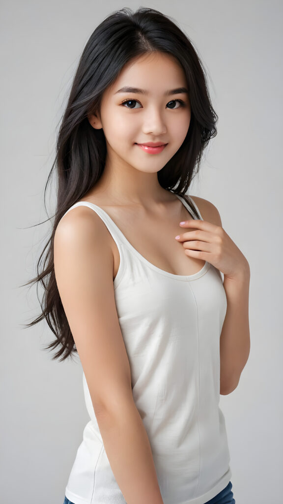 a (((breathtakingly realistic portrait))) capturing the essence of a cute youthful teen girl, 15 years old, warm smile, with a flawlessly proportioned upper body, perfect curved fit body, ((straight, long, soft obsidian black hair)), flawless, beautiful smooth skin, round angelic face with full kissable lips, wearing a thin and super sleek tank top, poised confidently against a (((white canvas background)))