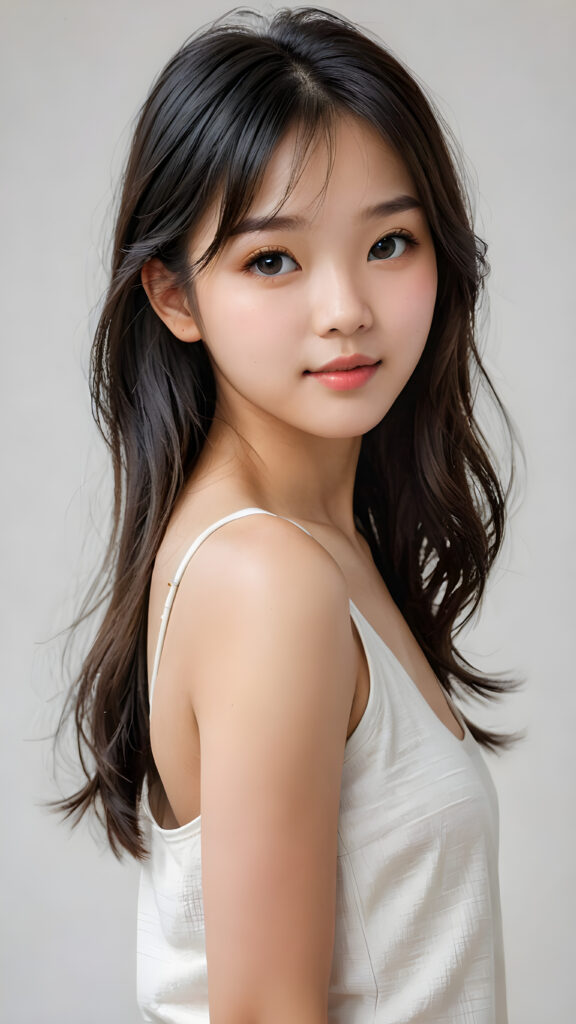 a (((breathtakingly realistic portrait))) capturing the essence of a cute youthful Korean teen girl, 15 years old, warm smile, with a flawlessly proportioned upper body, perfect curved fit body, straight, long, soft obsidian black hair in bangs cut, flawless, beautiful smooth skin, round angelic face with full kissable lips, wearing a thin and super sleek tank top, poised confidently against a (((white canvas background)))