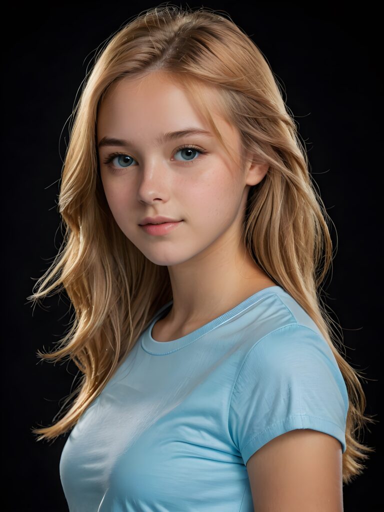 a (((breathtakingly realistic upper-body photo))) capturing a (((teenage girl))) wearing a (((light blue short t-shirt))), with long, soft, copper-blond hair and a ((black background, perfect light and shadow)), ((view from the side))